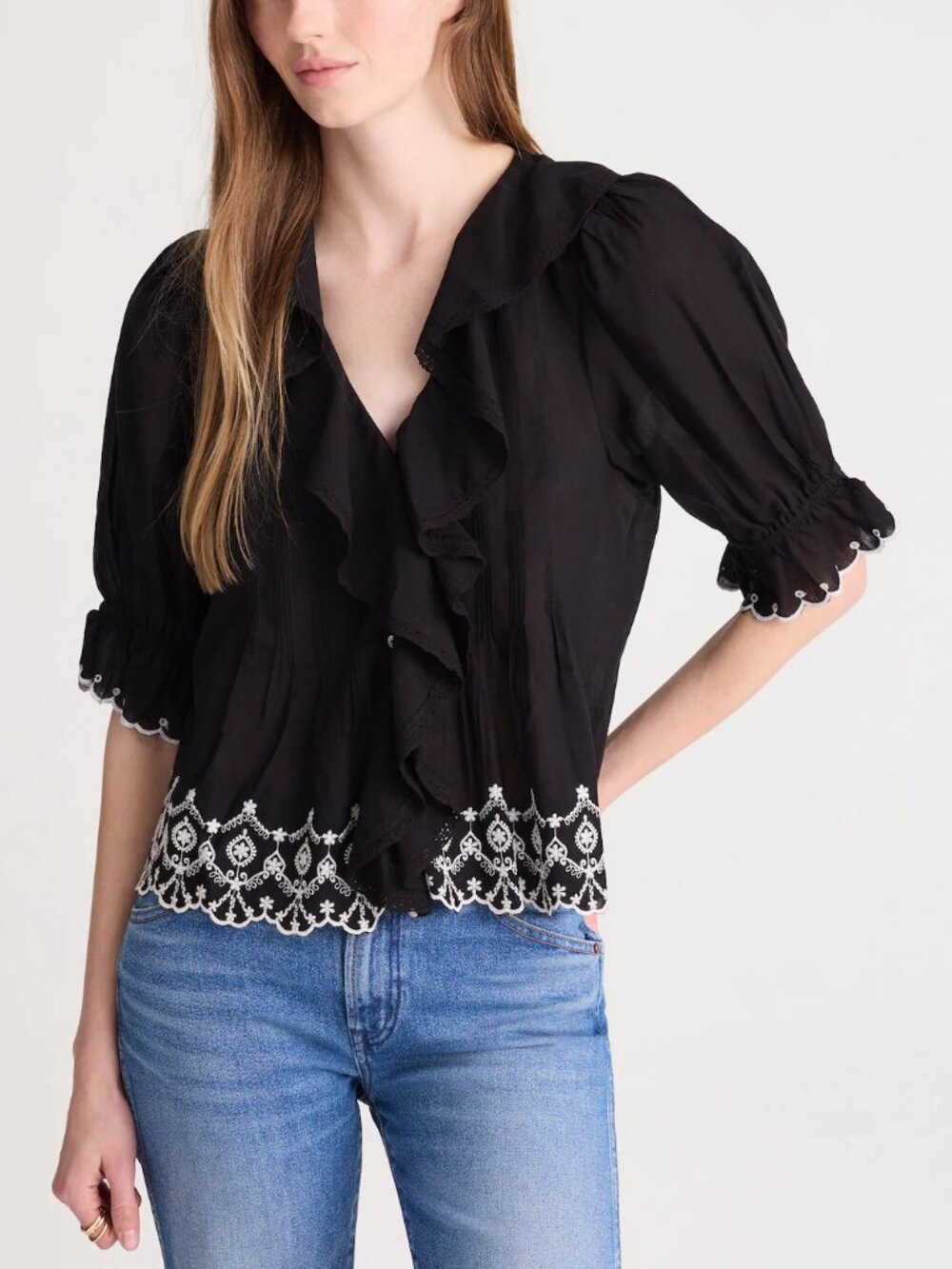Madewell Blaire Delicate Pintucks Embroidery Ruffle Sleeve Top Black Size S NWT